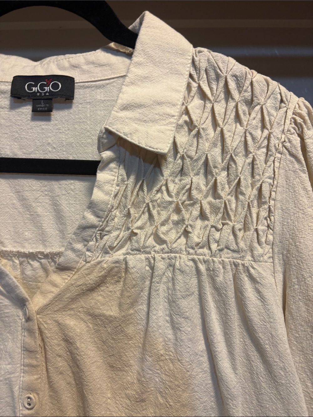 G.G.O White Smocked Yoke Button-Front Blouse - Picture 2 of 5